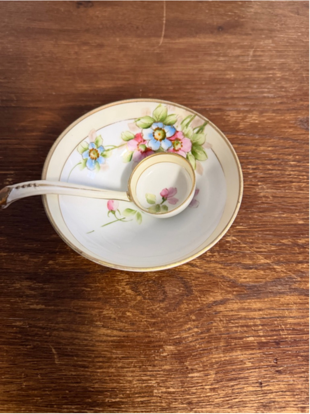Antique Nippon Hand Painted Porcelain Mayonnaise Bowl & Ladle 3 Footed Floral Go